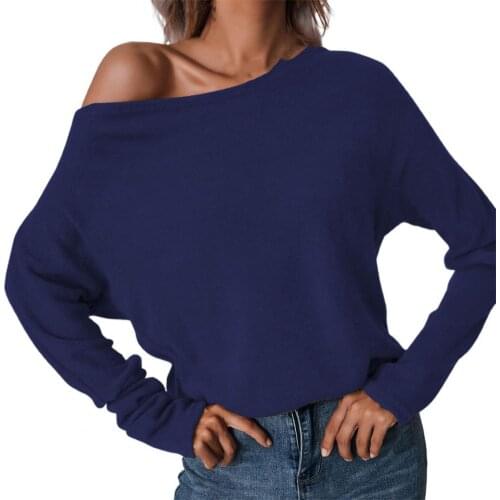 Women Autumn Basic Sweaters Slash Collar Long Sleeve Solid Color Ladies Sexy Knitted Stretchy Top