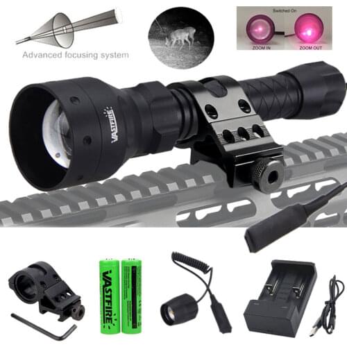 T50 Zoomable Infrared Hunting Light with Red laser IR 850nm Flashlight 400 Yards+Rifle Scope Mount+Switch+2*18650+USB Charger