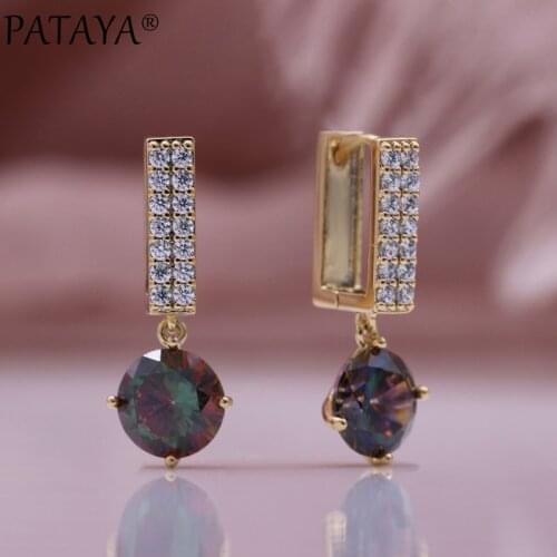 PATAYA New Square Unique Drop Earrings Round AB Color Natural Zircon Women Long Earrings Unusual Shine Creative Fashion Jewelry