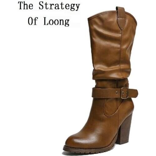 Winter Thick Heels Buckle Retro Women Half Boots Spring Autumn Fashion Lady Vintage Boots Motorcycle Knight Boots