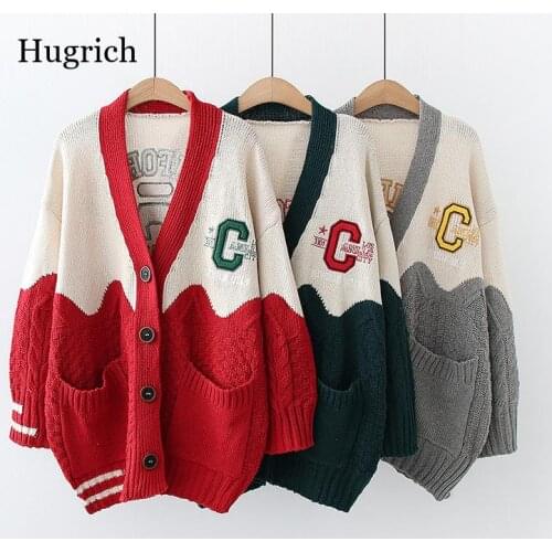 2021 Women Oversized Cardigans V Neck Letters Embroidery Casual Patchwork Loose Jumpers Thick Warm Spring Knit Jacket Coat
