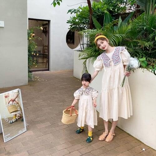 2021 Mother Daughter Dresses Summer Girl Bubble Sleeve Dress Korean Version Fake Two Pieces Cotton Family Matching Clothes