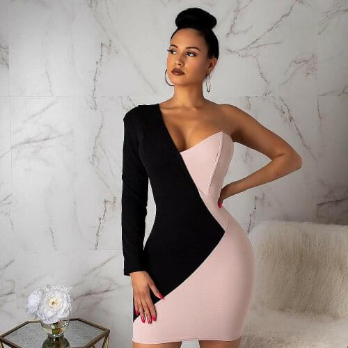 Irregular Women Formal Dresses Sexy One Shoulder Long Sleeve Mini Dress Double Color Patchwork Evening Party Summer Dress