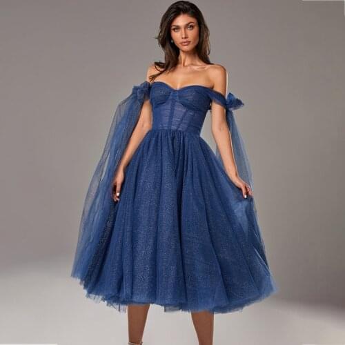 Sparkly Off the Shoulder Tulle Prom Dress Tea Length Lace UP Back Cocktail Gowns Party Wear Customize Robe De Soirée De Mariage