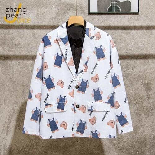 Blazers Men Leisure Trendy White Bear Print Korean Suit-tops Blazer Jacket Male Single-breasted Retro Daily Ins Streetwear Coat