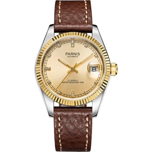 Parnis Royal Seriers Luminous Mens Leather Watchband Fashion Big Dial Dual Calendar Automatic Mechanical Watch Wristwatch