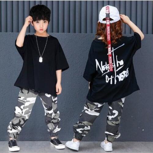 BAZZERY New Child Hip Hop Black T-Shirts & Camouflage Pants Adult Street Dance Costumes Loose Stage Performance Jazz Dance Wear