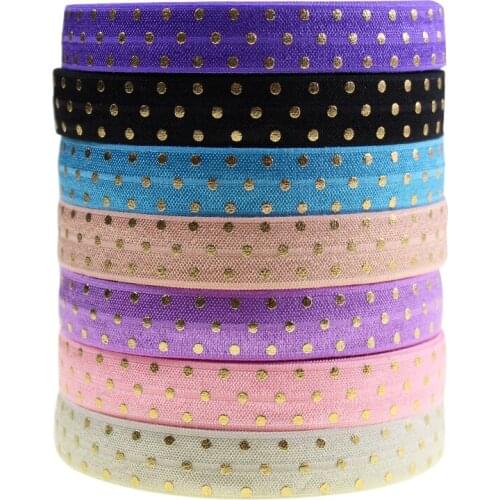 5/8" 16mm 50 yards/lot gold foil dots Print Fold Over Elastic FOE for Ponytail Holder Bracelet