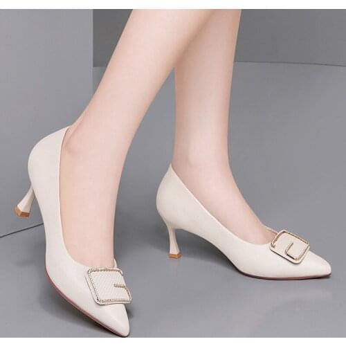 Autuspin Elegant Single Shoes for Woman Spring Summer Comfortable Leather High Heels Ladies Office Work Formal Party Dress Pumps