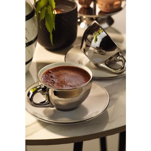 Kütahya Porcelain Stella Double Coffee Set Platinum Plated 2 Coffee Cups and 2 Saucers Retro Modern Chic Coffee Espresso Sets