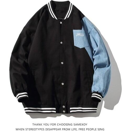 Hip hop streetwear Mens baseball jacket coat Denim Patchwork Oversize Stand-up collar japanese streetwear bomber college jacket