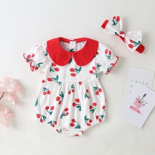 Newborn Baby Girls Clothes Cherry Summer Baby Romper With Headband Princess Infant Jumpsuit Costumes Toddler Sunsuit For Girls