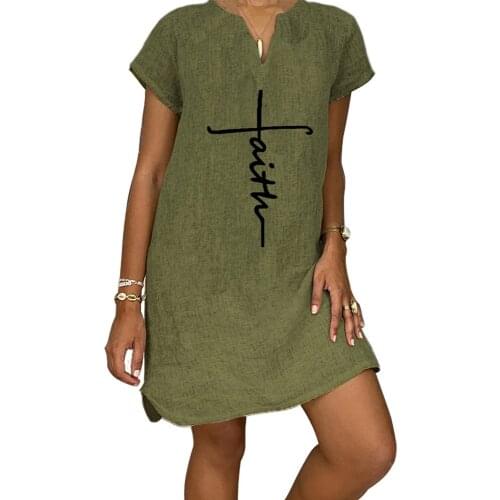 Women Cotton Linen Dress Faith Print Short Sleeve Long T Shirt for Vintage Loose Female Clothing V Neck Casual Dresses 5Xl