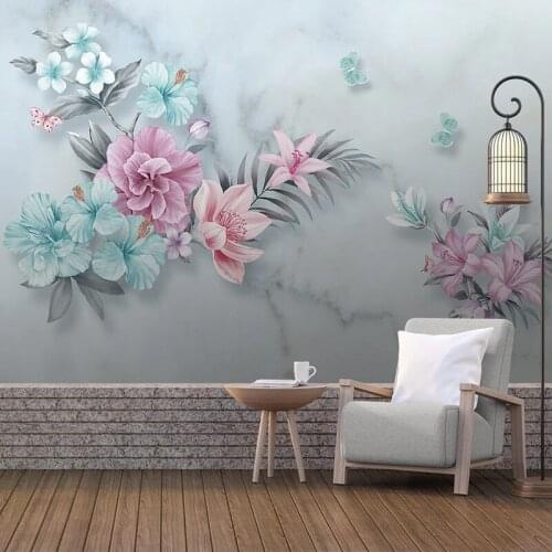 Custom 3D Wall Murals Wallpaper Pastoral Style Flowers Butterfly Marble Photo Mural Wallpaper Wall Covering Living Room Bedroom