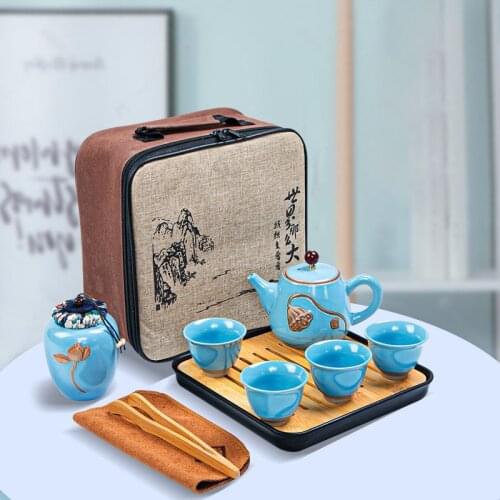 Portable Travel Tea Set Ding Kiln Ceramic Tea Pot and Cup Set Outdoor Camping Trip Teapot with a Portable Travel Bag
