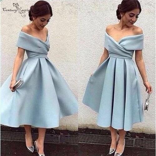 Simple Homecoming Dresses Short Off Shoulder Lace Up Tea-Length Satin 2020 Graduation Dresses Cocktail Gowns Plus Size Cheap