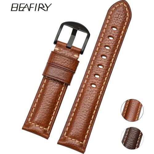 BEAFIRY Litchi Genuine Leather Watch Band 24mm 20mm 22mm Watch Straps Brown Handmade Watchbands Replacement for men women