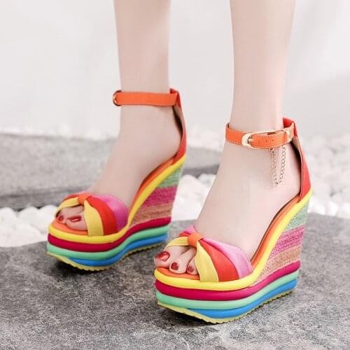 Rainbow Platform Shoes for Women Wedge Sandals Size 34-41 Women Shoes High Heel 12CM Woman Sandals Chunky Heels Sandalia Verano