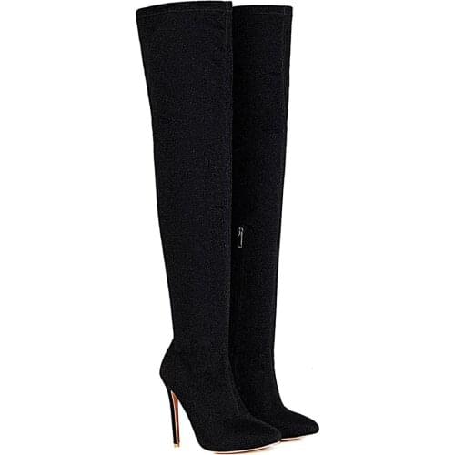 Super High Stiletto Heel Sequined Over-The-Knee Boots For Women Pointed Side Zipper Flashing Stretch Blended Large Size Boots