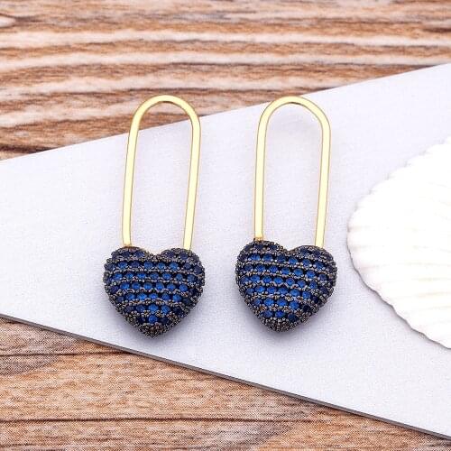 Hot Sale Punk Safety Pin Drop Heart Earrings For Women Gothic Copper Zircon Gold Trendy Hiphop Fashion Female Jewelry Gifts