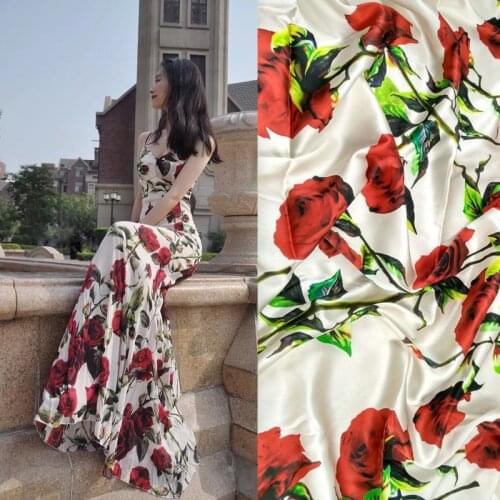 110cm width 100% silk Rose printed with letter clothing handmade cloth for woman dress Blouse pajamas sleepwear Diy sewing