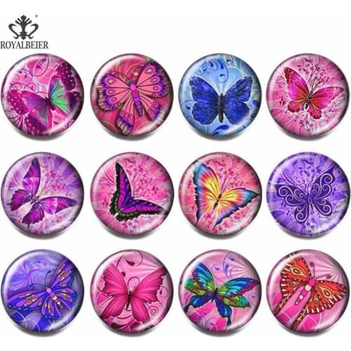 Royalbeier 12pcs/lot Mix Butterflies Glass Cabochon 18mm Snap Buttons Charm DIY For 18mmSnaps Bracelet Jewelry