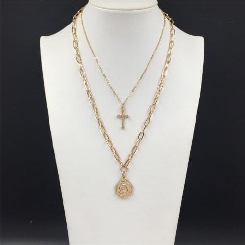 Trendy Gold Color Plating Cross Coin Pendant Layat Necklace For Women Bohemia CasualChristmas Party Decoration Jewelry Accessory