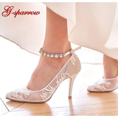 2019 Spring High Heel Shoes Elegant Sexy Bride Shoes White Lace Pointed Toe Wedding Dress Shoes Handmade Adult Ceremony Pumps