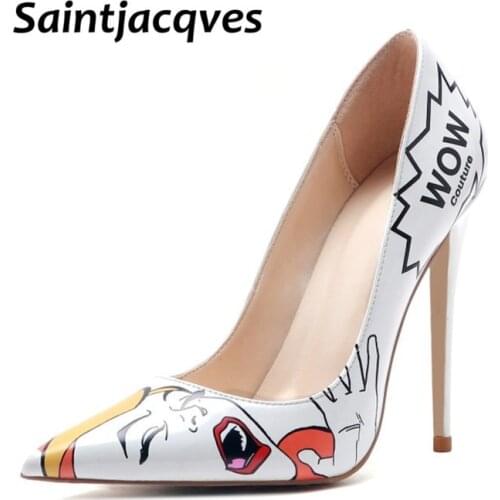 European Fashion Sexy Banquet High Heels Patent Leather Shallow Mouth Pointed Graffiti Stiletto Shoes 12cm Shoes for Women