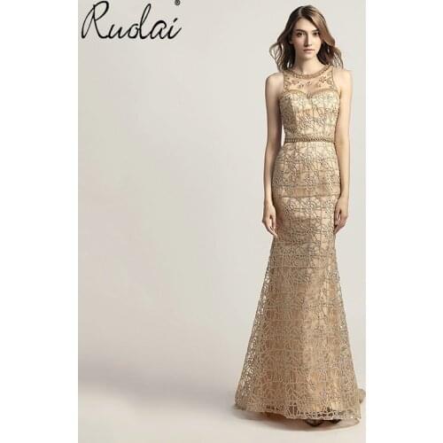 In Stock Luxury Mermaid Evening Dresses Long Women O-Neck Sleeveless Evening Dress Formal Party Gown vestidos de fiesta de noche