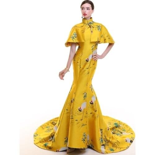 Vestido Oriental Evening Modern Chinese Traditional Dress Women Yellow Cheongsam Long Qipao Robe Chinoise Weddings Traditions
