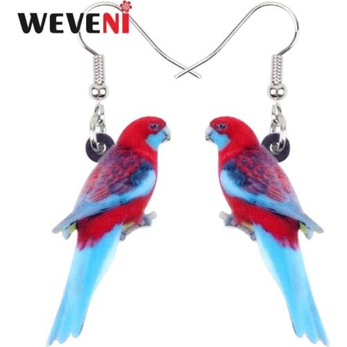 WEVENI Acrylic Elegant Crimson Rosella Parrot Bird Earrings Big Long Dangle Drop Novelty Animal Jewelry For Women Girls Summer
