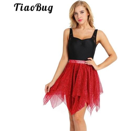 TiaoBug Women Shiny Sequin Asymmetrical Mesh Ballet Ballroom Samba Salsa Latin Dance Skirt Adult Stage Performance Dance Costume