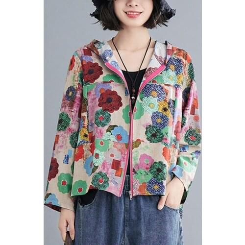 Women Cotton Linen Casual Jackets New Arrival 2021 Autumn Vintage Style Floral Print Loose Female Hooded Outerwear Coats B973