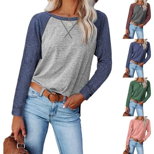 European and American Loose Round Neck Long Sleeve T-shirt Women Solid Color Patchwork Pullover Shirt Casual Plus Size Tops