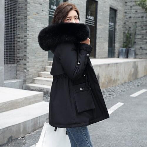 Womens Winter Jackets Solid Hooded with Fur Long Sleeve Pockets Ladies Plus Size Parkas Zipper Black Fleece Liner Coat Female