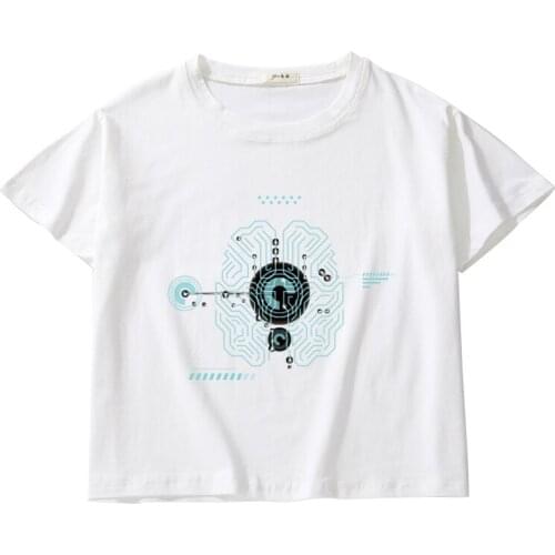 Abstract Technical Printing Women Summer Crop Tees Breathable Cotton Top Girl O-Neck T-Shirt Kids Short Sleeve Casual Short Tops