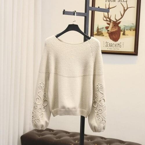 Large Size 4XL Women Autumn Winter Clothing Elastic Beige Sweaters Lady Fluffy Sweet Beaded Sweater Long Sleeve Women Pullover