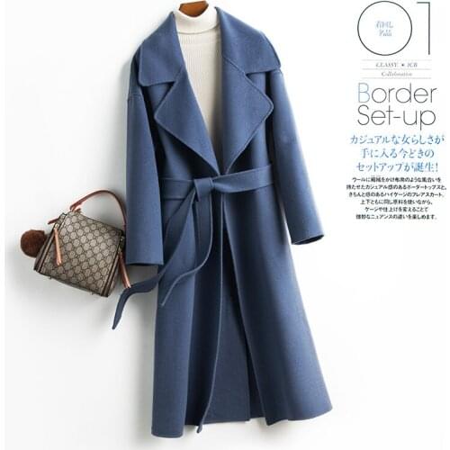 Cashmere coat womens double faced tweed autumn and winter 2019 new Korean version 100% pure wool medium length loose lace up