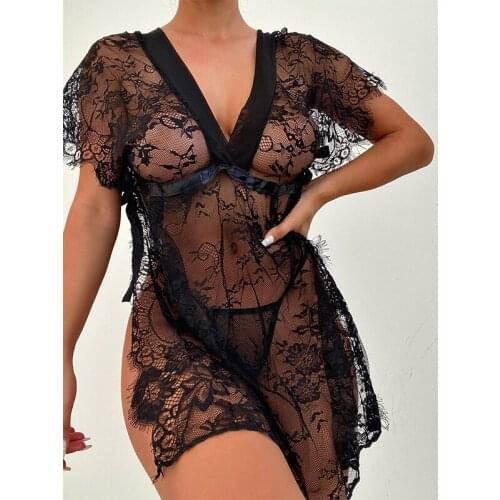 Women Sexy Lingerie Short Sleeve Backless See-through Sheer Lace Dress Erotic Sex Costume Night Wear 2021