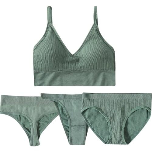 4pcs Women Bra Panties Set G-String Push Up Bra Crop Top Female Seamless Underwear Brassiere Active Bra Lingerie Set Sexy Briefs