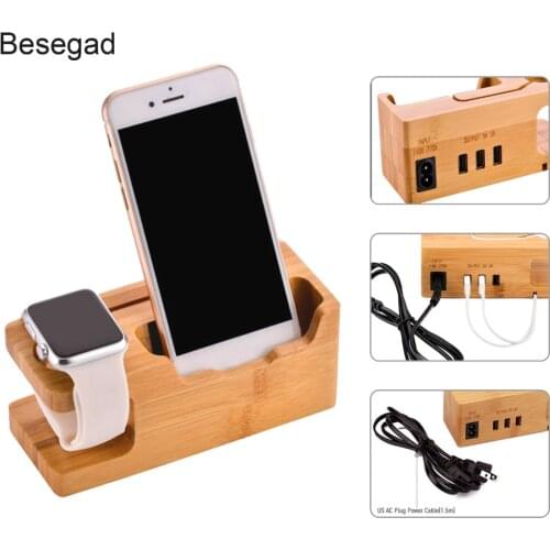 Besegad Bamboo USB Charging Charger Station Dock Organizer Display Stand for Apple Watch iWatch Series 1 2 3 4 Accessory US Plug