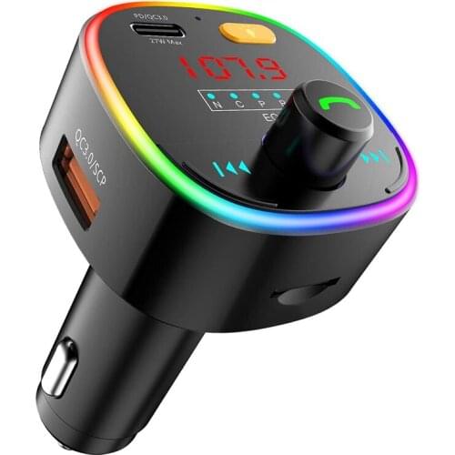 Bluetooth FM Transmitter for Car 10 Colors LED Backlit QC3.0& USB-C PD 27W Quick Charger Car Radio Adapter MP3 Player
