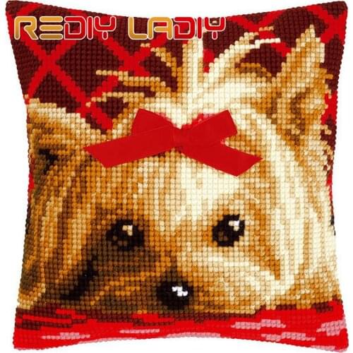 REDIY Cross Stitch Cushion Cover YORKSHIRE WITH BOW Pillow Case Acrylic Yarn Cross-Stitch Kits Pre-Printed Cushion Sofa Pillows