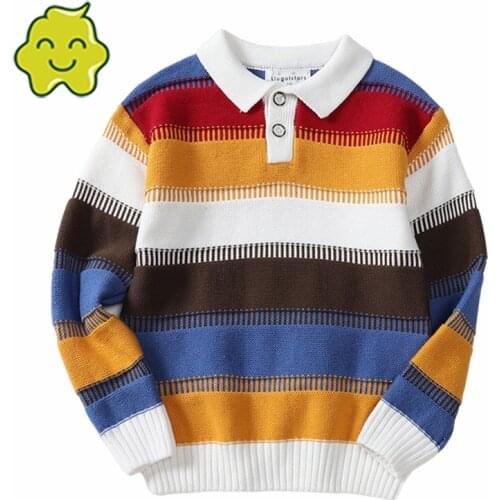 Kid Boy Clothes Spring Warm Pullover Top Long Sleeve Turn-Down Collar Striped Sweater Girl Fashion Knitted Gentleman Outfit New