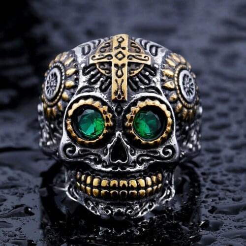 Vintage Gold Cross Skull Titanium Steel Skull Biker Gothic Punk 316L Stainless Ring For Men Retro Male Design Round Bands Rings