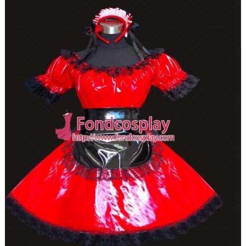 Fondcosplay adult sexy cross dressing sissy maid short Dress Red thin Pvc Dress Uniform Cosplay Costume Custom-made[G510]