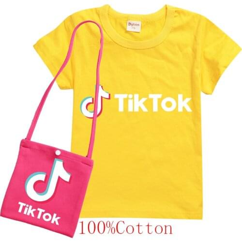 TIK TOK Summer Girl Kid Cotton T Shirt Baby Child Lovely Cartoon T-shirt Tops Tees +Bag Casual Clothes