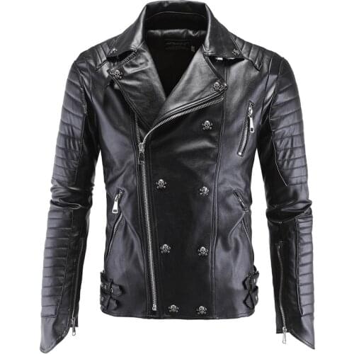 Punk Leather Jacket Men New Skull Motorcycle Leather Jacket Multi Zippers Slim Fit Men Leather Jacket PU Clothing M-5XL