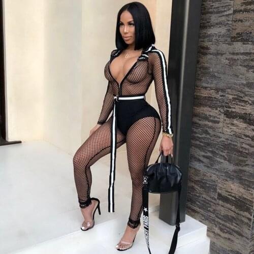 OKAYOASIS Free Shipping Women Sexy Long Sleeve Fishnet Jumpsuit With Sashes Lady Hollow Out Mesh Beach Playsuits